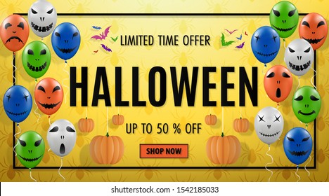 Happy Halloween. Fun template for sale promotion and advertising card, flyer, poster, banner. Decorated with Halloween elements: scary air balloons, paper pumpkins, paper bats and framed sale message.