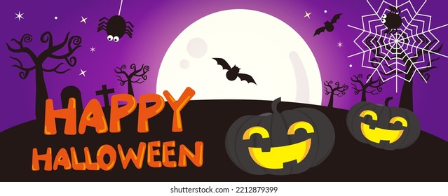 Happy Halloween! Funny halloween background, flat design illustration. Celebrate halloween party with pumpkin, moon, halloween cartoon font, spider web, spider. Suitable for Banner, EDM; background.