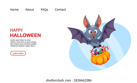 Happy Halloween. Funny bat cartoon character carrying basket with candies. Vector illustration, usable for website, landing page etc.