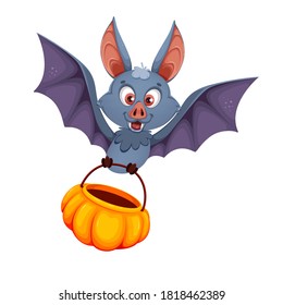 Happy Halloween. Funny bat cartoon character carrying basket. Vector illustration isolated on white background