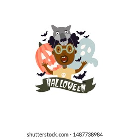 Happy Halloween - funny boy in a masquerade mask. Cartoon character. Festive picture. Pumpkin, Ghost. Vector illustration.