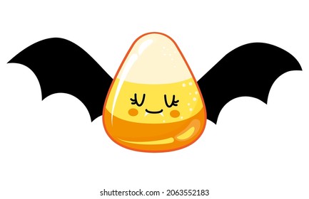 Happy Halloween - funny candy corn illustration with bat wings. Handmade sticker print. Illustration with cute sugar. Good for prints on t-shirt and bag, poster, card. Trick or treat.
