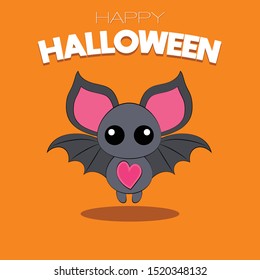 Happy Halloween! Funny cartoon bat on orange background. Vector isolated illustration