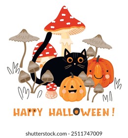 Happy Halloween! Funny cartoon card with cute black cat ,magic mushrooms ,pumpkins with faces.Poster with handwritten, characters,fly agaric and toadstools.Vector flat illustration isolated on white.