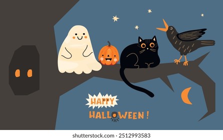 Happy Halloween! Funny cartoon card with cute characters sitting on a tree branch at night.Smile ghost,black cat,pumpkin,crow and handwritten.Vector designs  on blue background.Flat color illustration