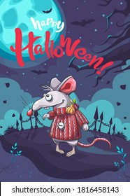 Happy Halloween funny cartoon mouse on the background of the moon, illustration. For print on demand, powerpoint and keynote presentations, advertisements and commercials, magazines