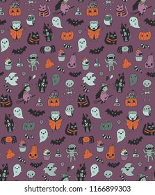 Happy Halloween funny cartoon seamless pattern with witch, spider, bat, cat, mummy, dracula, vampire, creepy house, pumpkin, jack o lantern, owl and ghost. Cute october holiday background for fabric.