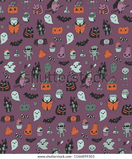 Happy Halloween funny cartoon seamless pattern\
with witch, spider, bat, cat, mummy, dracula, vampire, creepy\
house, pumpkin, jack o lantern, owl and ghost. Cute october holiday\
background for fabric.