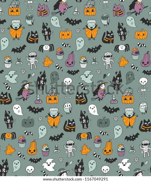 Happy Halloween funny cartoon seamless pattern\
with witch, spider, bat, cat, mummy, dracula, vampire, creepy\
house, pumpkin, jack o lantern, owl and ghost. Cute october holiday\
background for fabric.