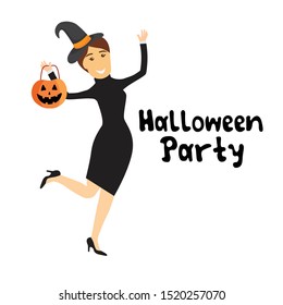 Happy Halloween, Funny Cartoon Woman, Vector Illustration 