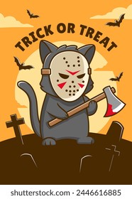 Happy halloween funny cat with bats, pumpkin, skull. vector illustration