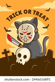 Happy halloween funny cat with bats, pumpkin, skull. vector illustration