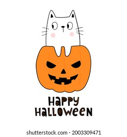 Happy Halloween. Funny cat and pumpkin.  Doodle style. Vector flat illustration. Greeting card, party invitation or sale banner template.