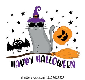 Happy Halloween - funny cat in witch hat, on broom. Cute baby bat, and pumpkin. Good for greeting card, T shirt print, poster, banner, andother decoration.