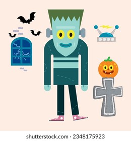  Happy halloween funny the cute little frankenstein, Vector illustration cartoon EPS images. 