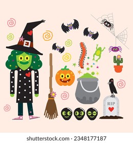 Happy halloween funny the cute little witch, Vector illustration cartoon EPS images. 
