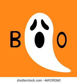 Happy Halloween. Funny ghost with hands. Boo text. Greeting card. Cute cartoon character. Scary spirit. Baby collection. Orange background. Flat design. Vector illustration