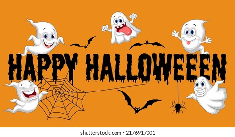 Happy Halloween. Funny ghosts flying on orange background