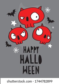 Happy Halloween. Funny Hand Drawn Halloween Vector Illustration with Angry Red Skulls and Black Bats Isolated on a Dark Gray Background. Freehand Halloween Doodles. Red Devil Skulls.