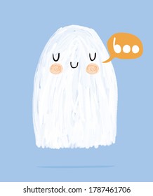 Happy Halloween. Funny Hand Drawn Halloween Vector Illustration with Sweet Fluffy White Ghost and Orange speech Cloud with Boo. Cute Ghost Isolated on a Light Blue Background. Halloween Card.
