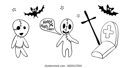 Happy Halloween. Funny illustration with two zombies who met at night in a cemetery. Set of contour and flat design elements, doodle style, isolated