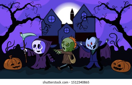 Happy Halloween! Funny kids in suits walk down the street. Death, zombie and vampire. Festive vector illustration.