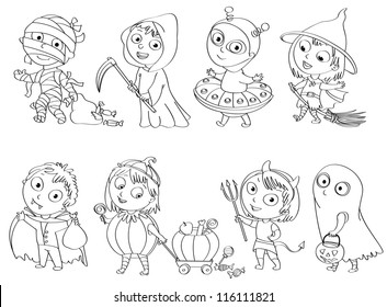 Happy Halloween. Funny little children in colorful costumes. Dracula, Grim Reaper, Devil,  mummy, alien, witch, ghost. Coloring book. Vector illustration