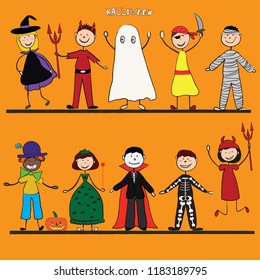 Happy Halloween. Funny little children in colorful costumes. Vector illustration.