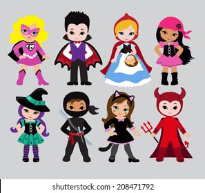 Happy Halloween. Funny Little Children In Colorful Costumes. Dracula,  Devil, Witch,Pirate, Supergirl, Ninja, Cat, Little Red Riding Hood.  Vector Illustration. Icon