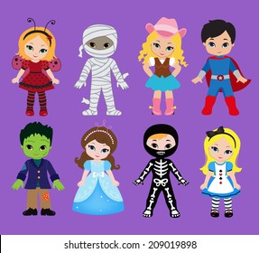 Happy Halloween. Funny little children in colorful costumes.  Vector illustration. Icon