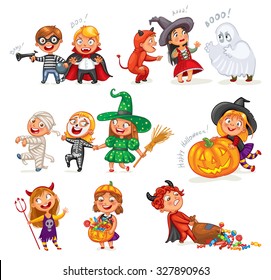 Happy Halloween. Funny little children in colorful costumes. Robber, ghost, mummy, skeleton, witch, vampire, devil. Cartoon character. Vector illustration. Isolated on white background