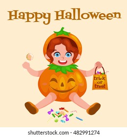 Happy Halloween. Funny little girl dressed as a pumpkin with sweets. Vector illustration.