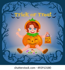 Happy Halloween. Funny little girl dressed as a pumpkin with sweets. Vector illustration.