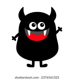 Feliz Halloween. Un monstruo gracioso. Cabeza de cara sonriente, linda, con cuernos, colmillos. Monstruos de silueta negra. Caricatura kawaii graciosos niños boo personaje de bebé. Diseño de camisetas. Diseño plano. Fondo blanco. Vector