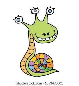 Happy Halloween. Funny monster with three eyes and a shell on its back . Cute cartoon kawaii scary funny children's character. White background. Flat design. Vector