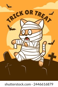 Happy halloween funny mummy cat with bats, pumpkin. vector illustration