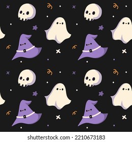 Happy Halloween funny nutsery seamless pattern with cartoon ghost, skull, stars, witch hat. Violet print flat cartoon style. Cute vector illustration for greeting card, wrapping paper, poster