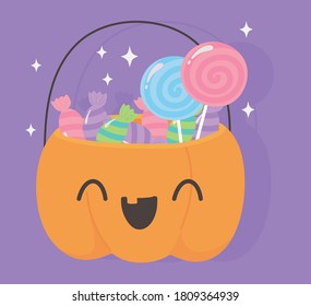 happy halloween, funny pumpkin bucket with candies trick or treat party celebration vector illustration