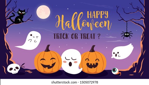 Happy Halloween with funny pumpkin and cute ghost cartoon character. Halloween design elements.