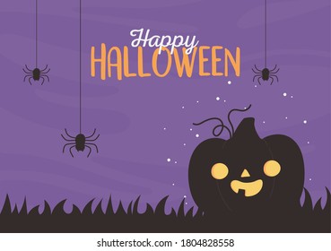 happy halloween, funny pumpkin hanging spiders night trick or treat party celebration background vector illustration
