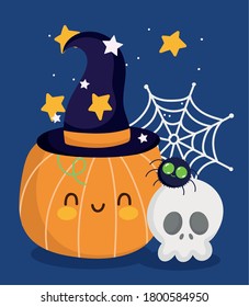 happy halloween, funny pumpkin with hat skull spider stars web trick or treat party celebration vector illustration