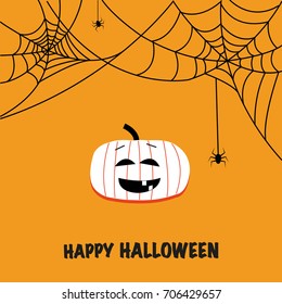 Happy halloween funny pumpkins with spider web greeting card background