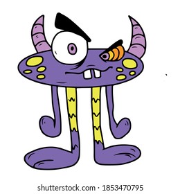 Happy Halloween. Funny purple monster with horns and long legs . Cute cartoon kawaii scary funny children's character. White background. Flat design. Vector