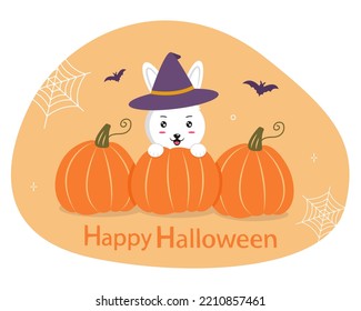 Happy Halloween. Funny rabbit in a witch's hat sits behind pumpkins. Festive Halloween rabbit character for design, print, greeting cards. Vector illustration