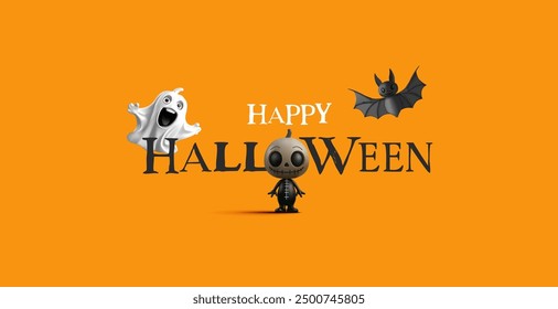 Happy Halloween. Funny, scary characters, ghost, bat, doll, 3D. Orange simple banner. Vector illustration.