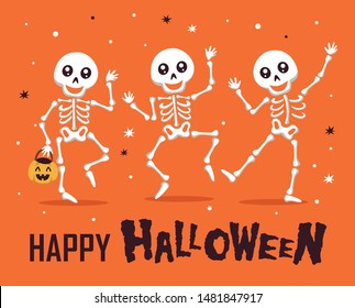 Happy Halloween with funny skeleton cartoon character. Halloween festive for banner, poster, greeting card, party invitation.