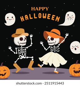 Happy Halloween with funny skeleton cartoon character. Halloween festive for banner, poster, greeting card, party invitation.