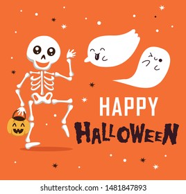 Happy Halloween with funny skeleton and cute ghost cartoon character. Halloween festive for banner, poster, greeting card, party invitation.