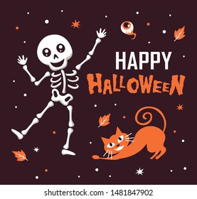 Happy Halloween with funny skeleton and cute cat cartoon character. Halloween festive for banner, poster, greeting card, party invitation.