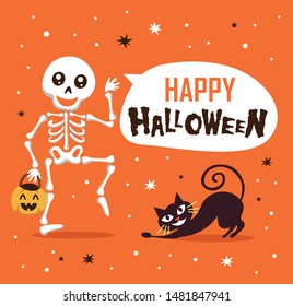 Happy Halloween with funny skeleton and cute cat cartoon character. Halloween festive for banner, poster, greeting card, party invitation.